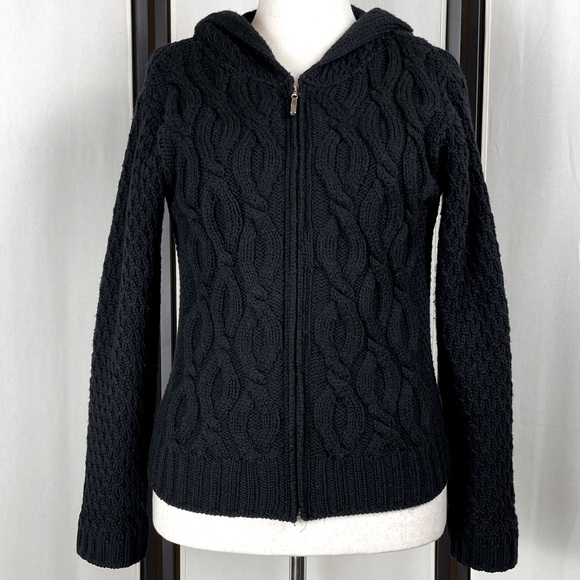 Inis Crafts 100% Merino Wool Black Cardigan Cable Knit Size S - Picture 1 of 10